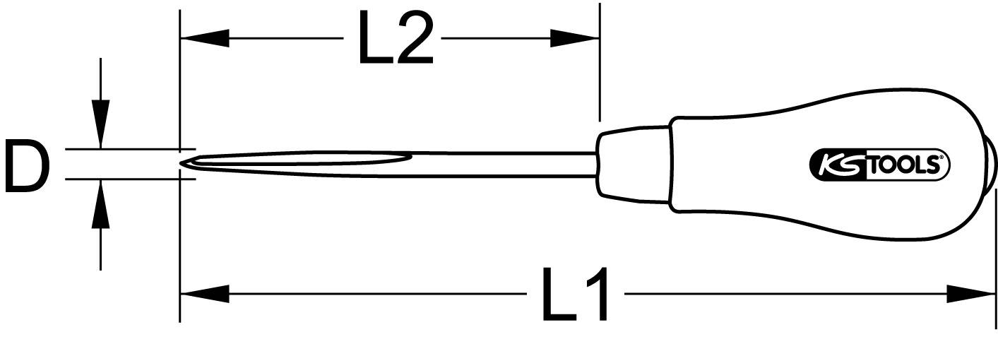Illustration eines Flachschraubendrehers mit Griff und Schaft. Maße sind Länge (L1, L2) und Durchmesser (D) angegeben.