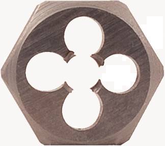 Ein sechseckiger Metallgegenstand mit vier Löchern in der Mitte. Geeignet für das Bearbeiten von Gewindeschneidern oder Bolzen.