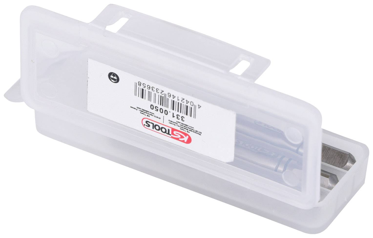 Eine durchsichtige Kunststoffbox mit einem Aufkleber des Herstellers KS Tools, enthält Schraubendreheraufsätze.