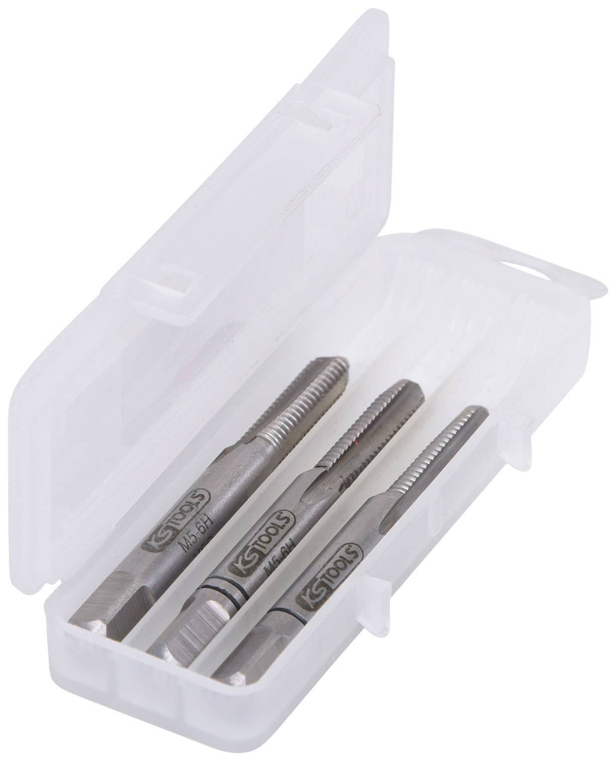 Ein geöffneter Kunststoffkasten mit drei Metall-Gewindebohrern. Jeder Gewindebohrer hat eine gezahnte Spitze und ist neben dem 'KS Tools'-Logo beschriftet.