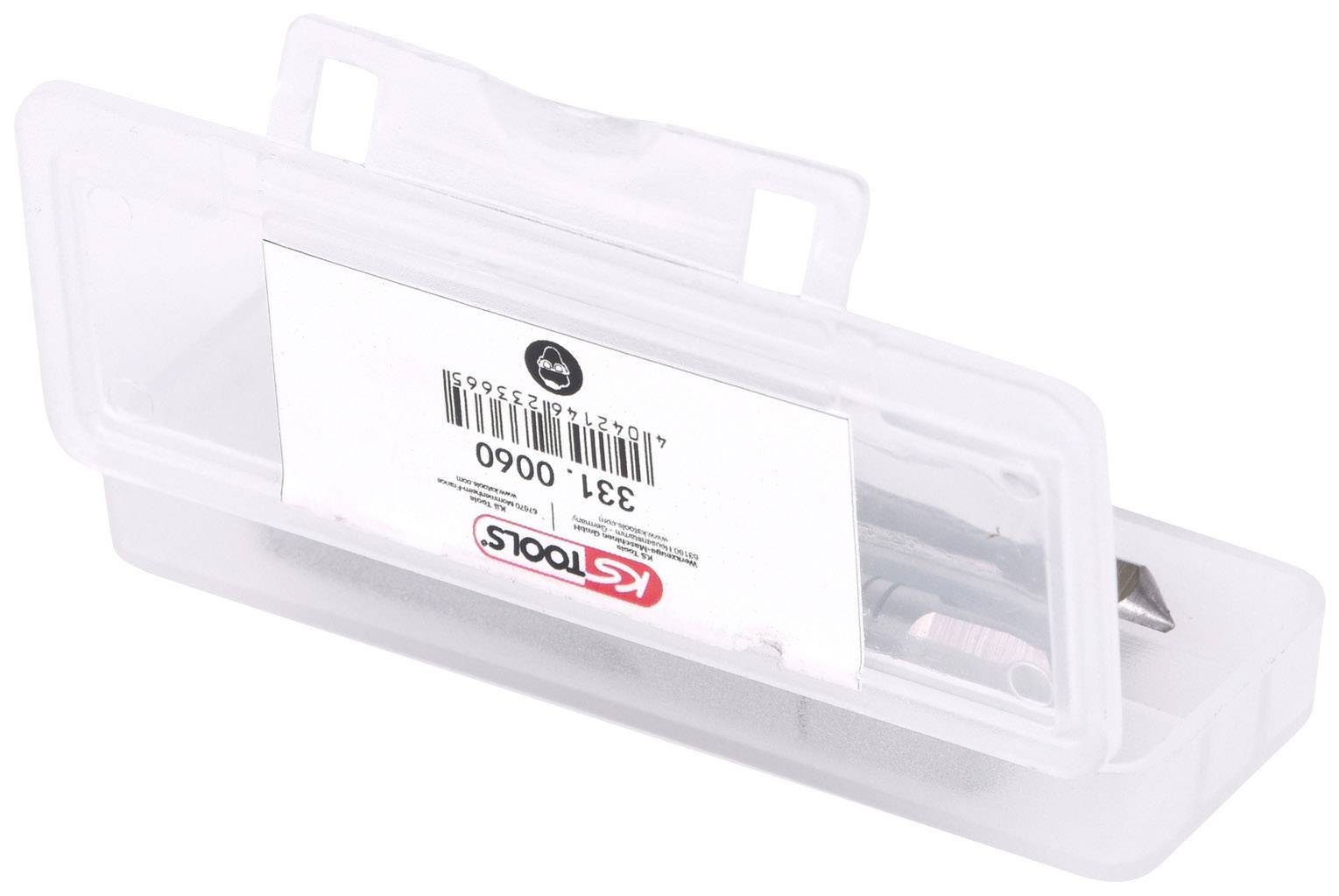 Klare Plastikbox mit transparentem Deckel, die einen Schraubenzieher und kleine Ersatzbits enthält. Eine weiße Etikett ist auf der Box.