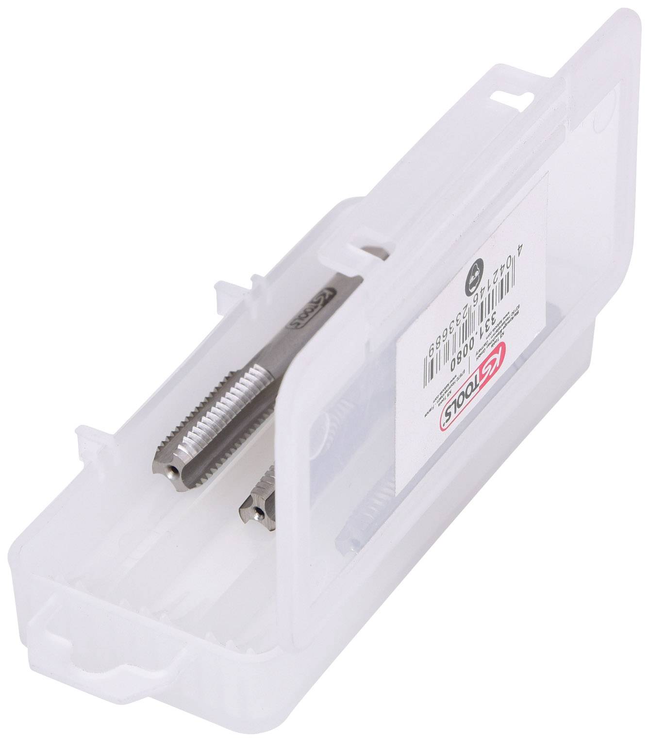 Zwei Gewindebohrer aus Metall in einer transparenten Kunststoffbox. Die Box hat ein Etikett mit einer Seriennummer und einem Barcode.