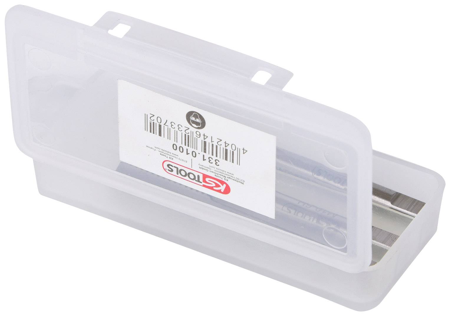 Ein transparenter Kunststoffbehälter mit einer verschlossenen Box, die ein Set von Metallwerkzeugen enthält.