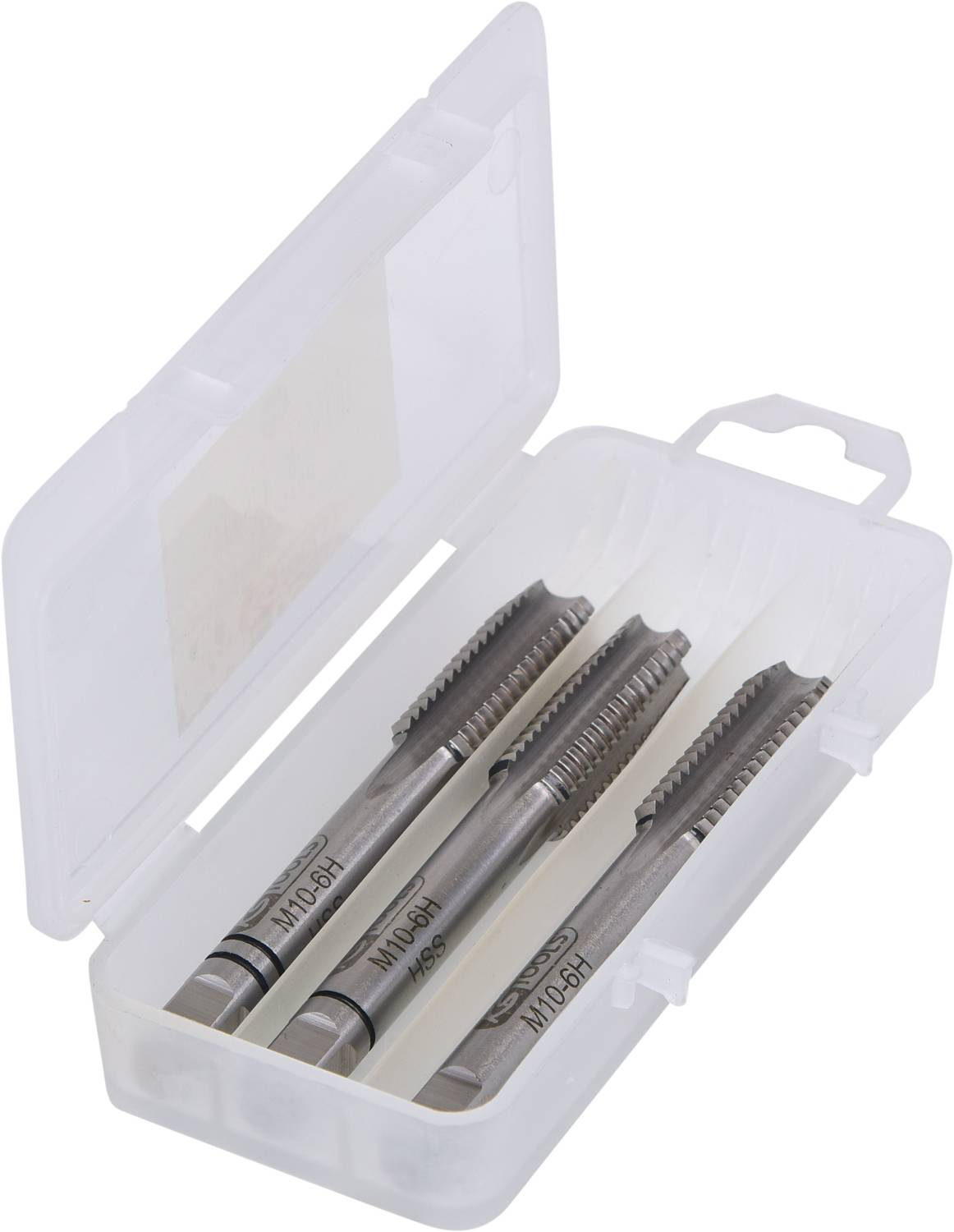 Transparente Kunststoffbox mit drei Metallgewindebohrern in verschiedenen Größen, die zum Schneiden von Innengewinden verwendet werden.