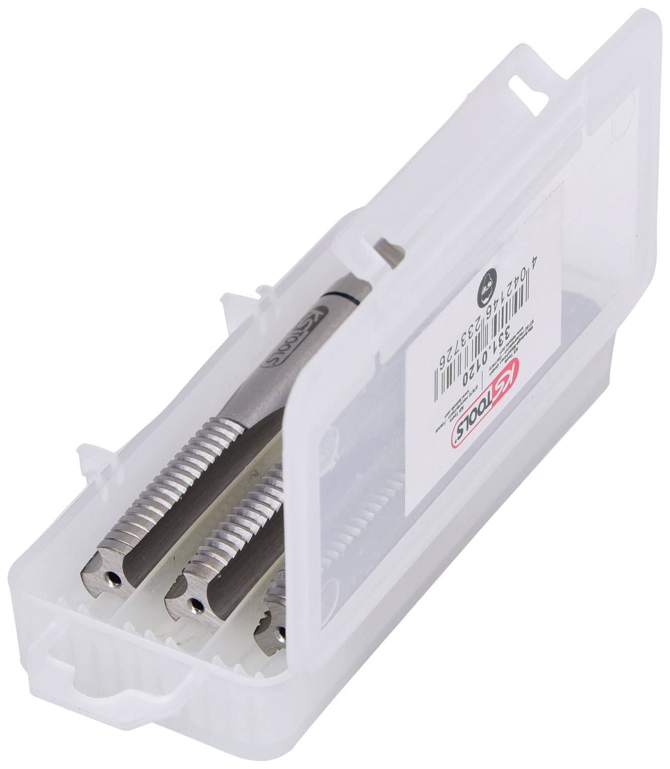 Ein offener, transparenter Plastikbehälter mit drei Metallgewindebohrern. Etikett mit Produktinformationen auf der Behälterseite.