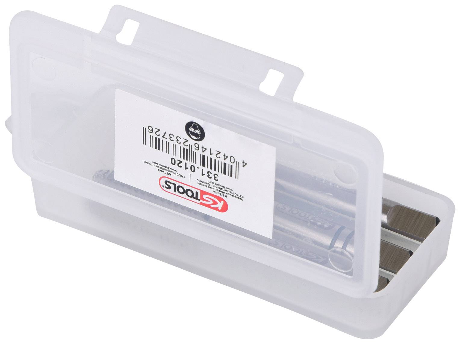 Eine transparente Plastikbox mit einem Set von Pinseln. Aufkleber mit Barcode und Produktinformationen auf der Vorderseite.