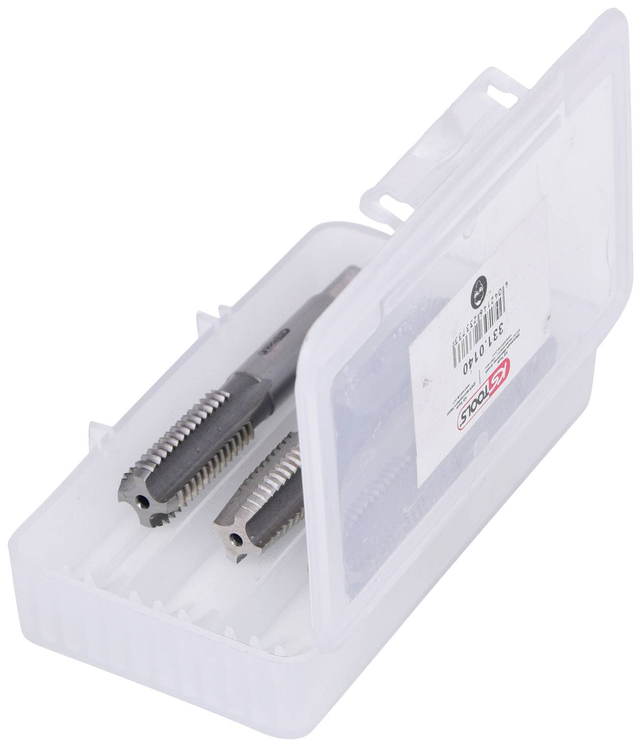 Zwei Gewindebohrer in einer transparenten Kunststoffbox.