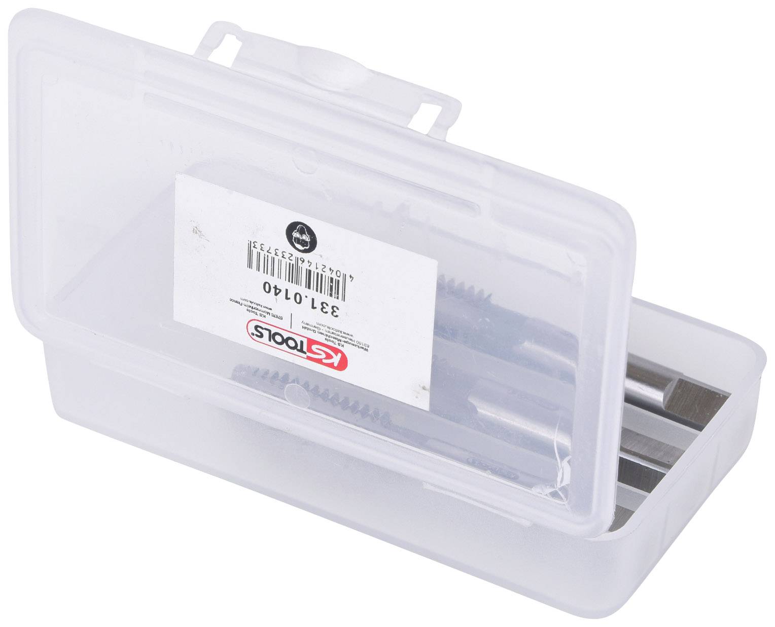 Plastikbox mit KSTools-Sägeblättern, teilweise sichtbar, mit Etikett. Box ist transparent und rechteckig geformt.