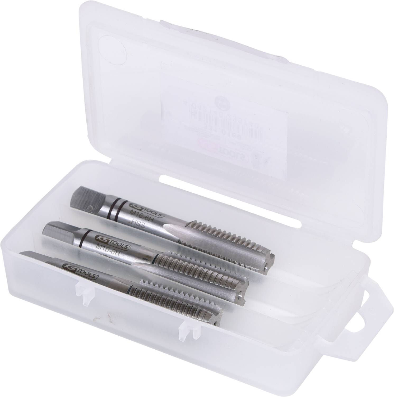 Drei Metallgewindebohrer in einem offenen, weißen Kunststoffetui, beschriftet mit 'Gear Tech Tools'. Geeignet für präzise Gewindeschneidarbeiten.