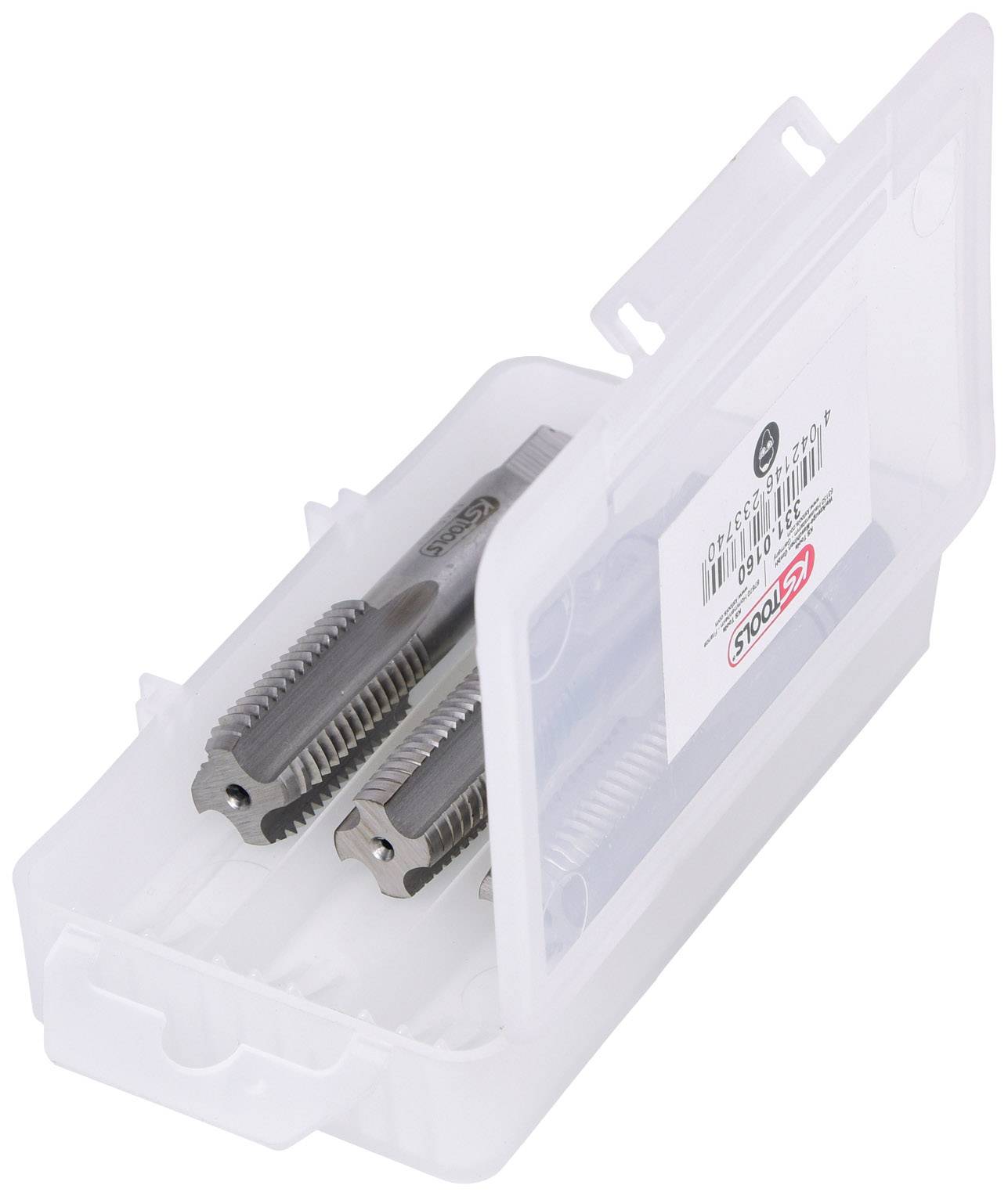 Schneideisen-Set in einer offenen Kunststoffbox. Enthält zwei Metall-Schneideisen mit Gewindeprofilen, sichtbar durch den Deckel.