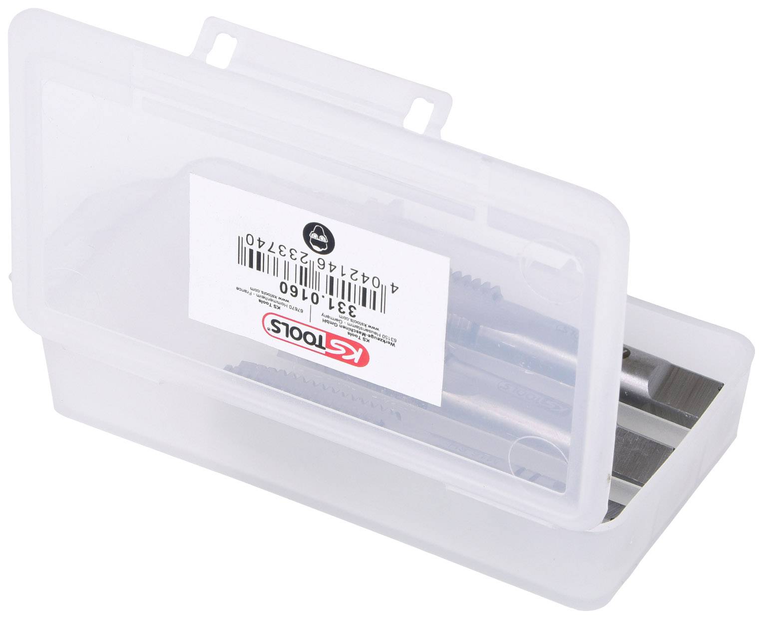Durchsichtige Kunststoffdose mit Etikett, enthält mehrere metallische Bohrer oder Bits.