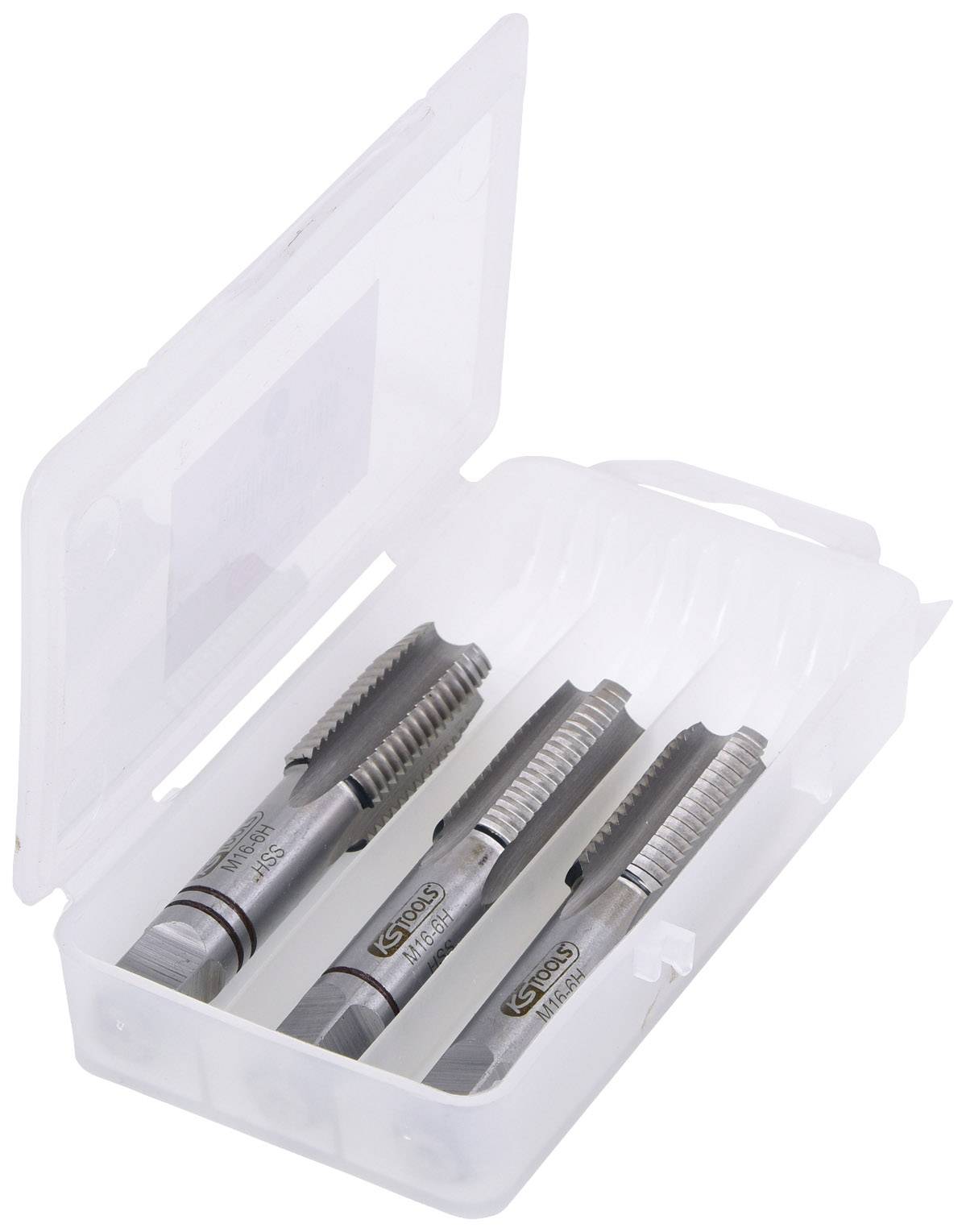 Drei Gewindebohrer aus Stahl in einem transparenten Kunststoffetui. Jeder Bohrer hat spiralförmige Schneiden, geeignet zum Gewindeschneiden.