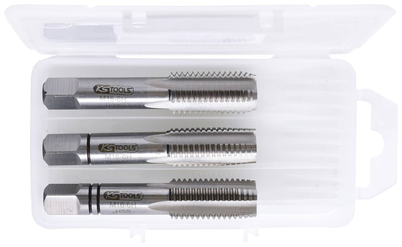 Drei Gewindebohrer aus Stahl in einem Kunststoffetui. Oberflächenstruktur und Markierung 'KS TOOLS' auf jedem Bohrer sichtbar.