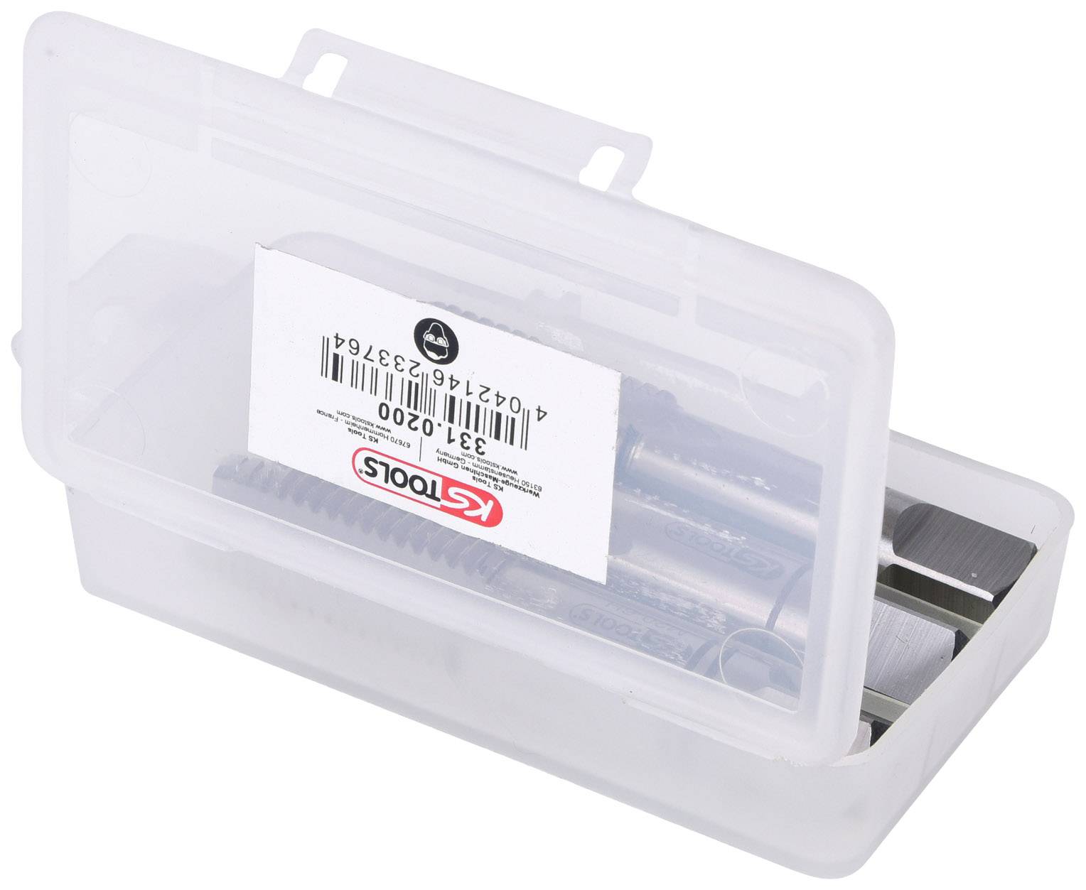 Kunststoffbox mit durchsichtigem Deckel, enthält verschiedene Metallteile und einen Barcode mit der Aufschrift 'KS Tools'.