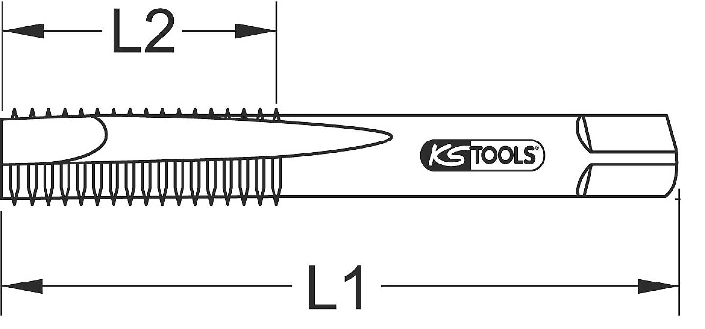 Technische Zeichnung eines Gewindebohrers von KS Tools mit Kennzeichnungen L1 und L2 für Längenmaße. Hauptfokus auf Form und Maße.