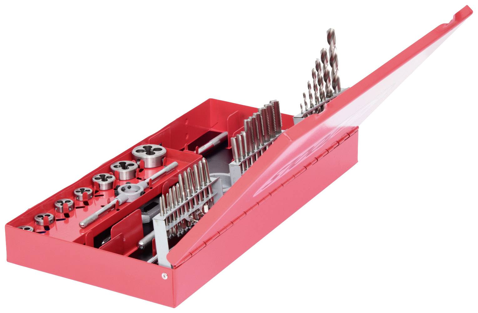 Ein rotes Metallbohrerset mit verschiedenen Bohrern und Gewindeschneidern, geordnet und einsatzbereit für handwerkliche Arbeiten.