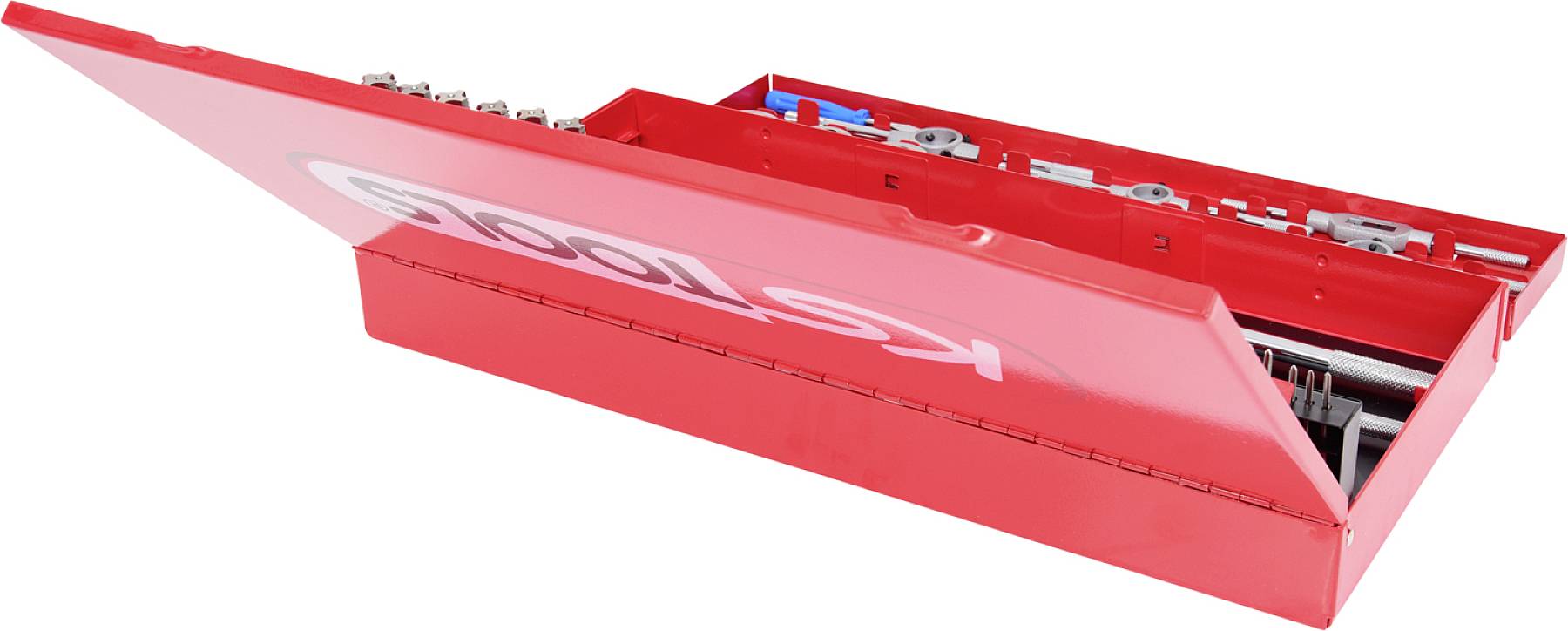 Roter Werkzeugkasten geöffnet, zeigt verschiedene Werkzeuge und Bits in Fächern.