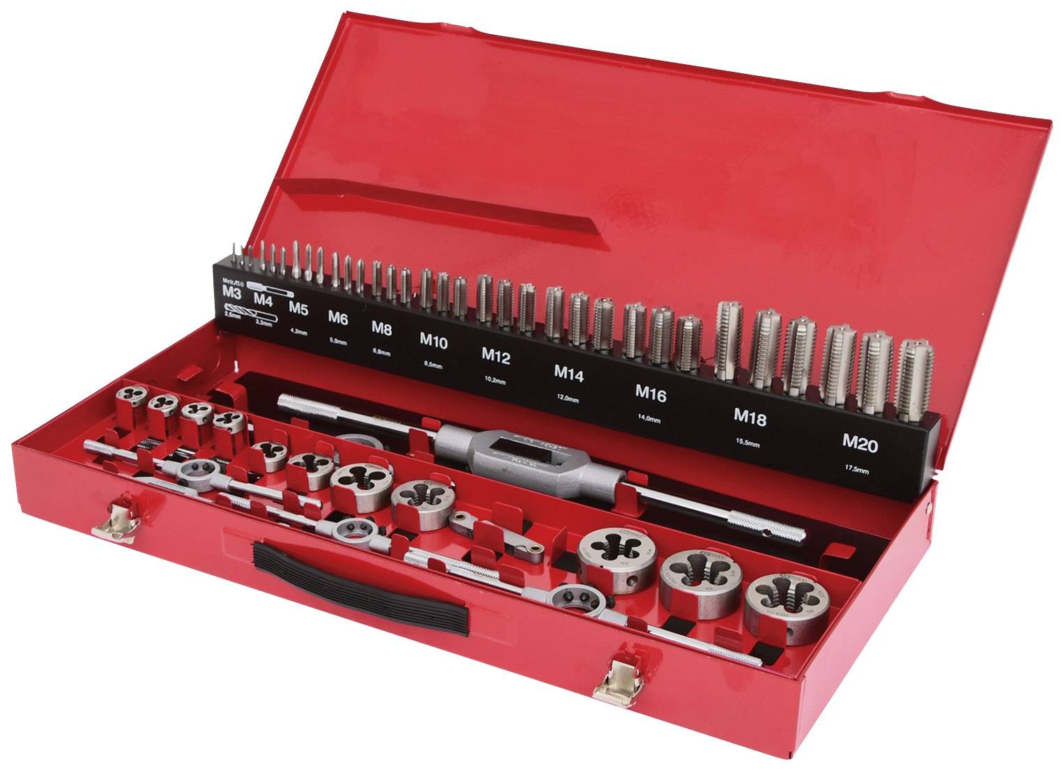 Ein roter Werkzeugkasten mit verschiedenen Gewindewerkzeugen, darunter Schneideisen und Gewindebohrer in verschiedenen Größen von M6 bis M20.
