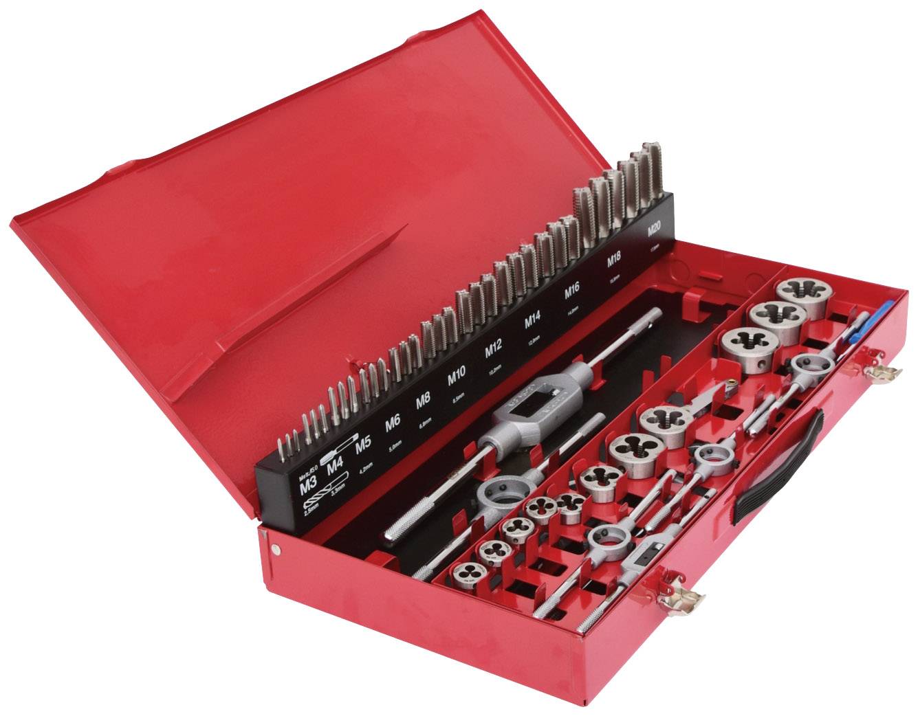 Roter Werkzeugkasten mit verschiedenen Gewindeschneid-Werkzeugen, darunter Bohrer, Gewindeschneider und Schneideisen, ordentlich eingeordnet.