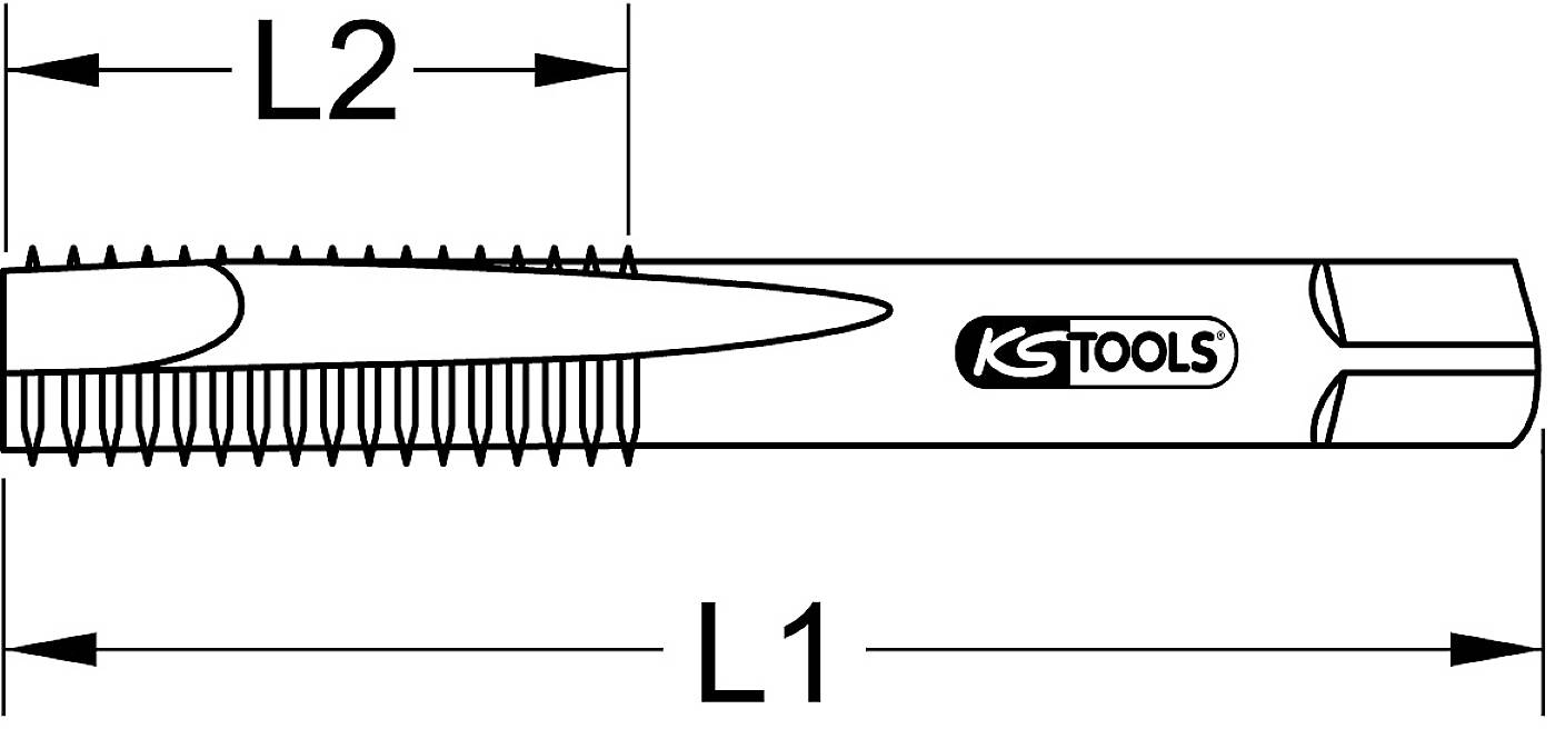 Diagramm eines Gewindebohrers von KS Tools. Zeigt Hauptabmessungen: L1 (Gesamtlänge) und L2 (Länge des Gewindeteils).