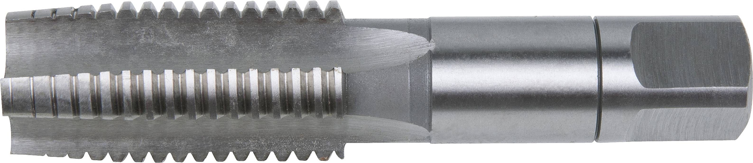 Metallschneidewerkzeug mit spiralisierten Gewindeabschnitten, geeignet zum Gewindeschneiden. Hergestellt aus Stahl für industrielle Anwendungen.