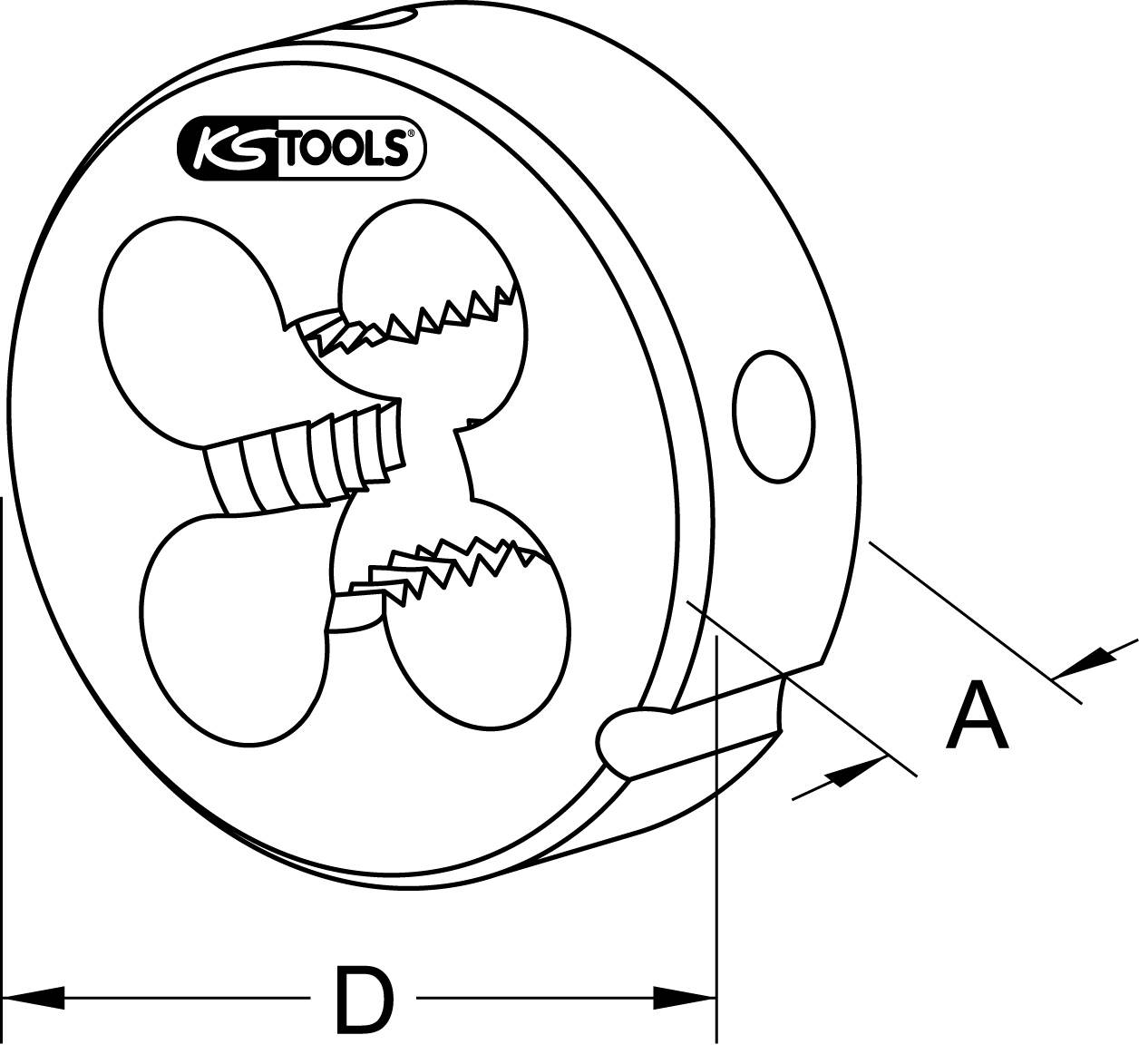 Kreisförmiges Schneideisen mit dem Logo 'KS TOOLS'. Zeigt Durchmesser 'D' und Länge 'A'. används för Gewindeschneiden.