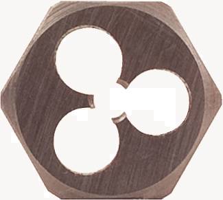 Ein runder Metall-Gewindeschneideinsatz mit drei Löchern, verwendet in der Metallbearbeitung, zum äußeren Gewindeschneiden von Stangen.