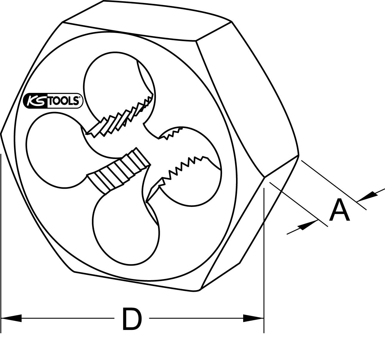 Schneideisen-Diagramm, zeigt sechseckige Form mit drei Innengewinden. Markierungen: Maße 'D' für Durchmesser und 'A' für Dicke.