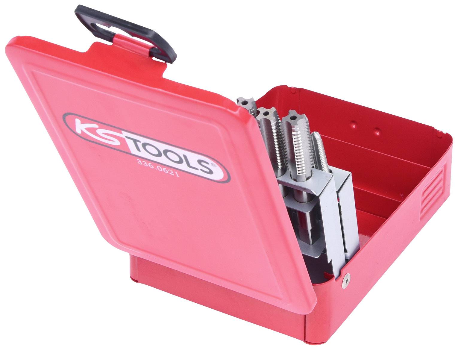 Roter KS Tools Werkzeugkasten mit geöffnetem Deckel, enthält mehrere Metallteile.