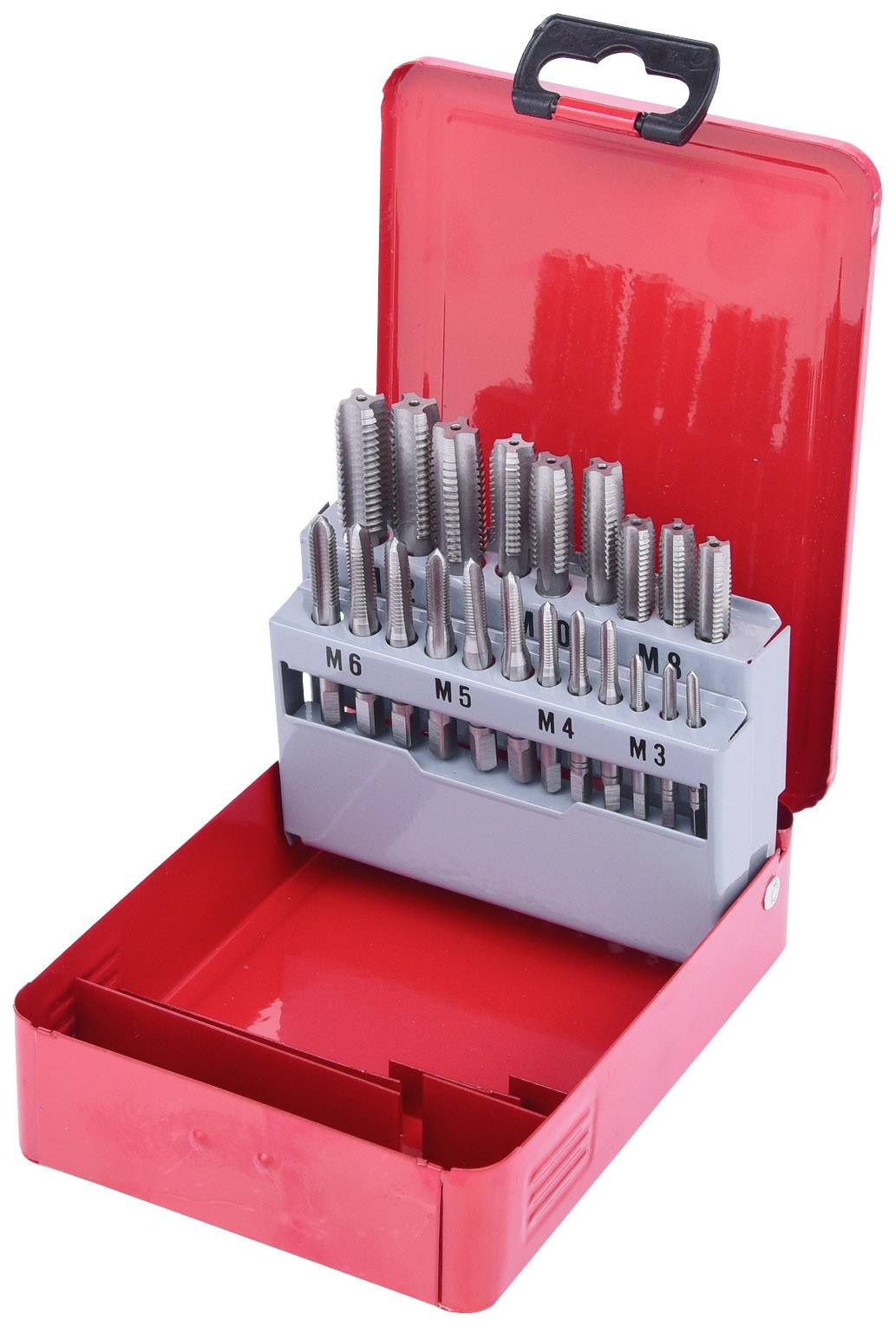 Ein rotes Metallgehäuse mit einem Set von Gewindebohrern. Beschriftet mit Größen M3, M4, M5, M6, passend für verschiedene Schrauben.