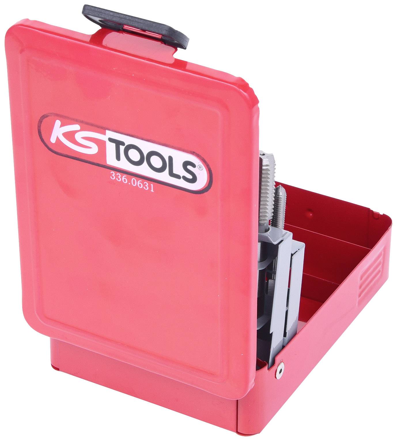 Rote Kunststoffbox mit Logo 'KS Tools'. Deckel geöffnet, zeigt Werkzeugfächer zur Aufbewahrung von Werkzeugen.