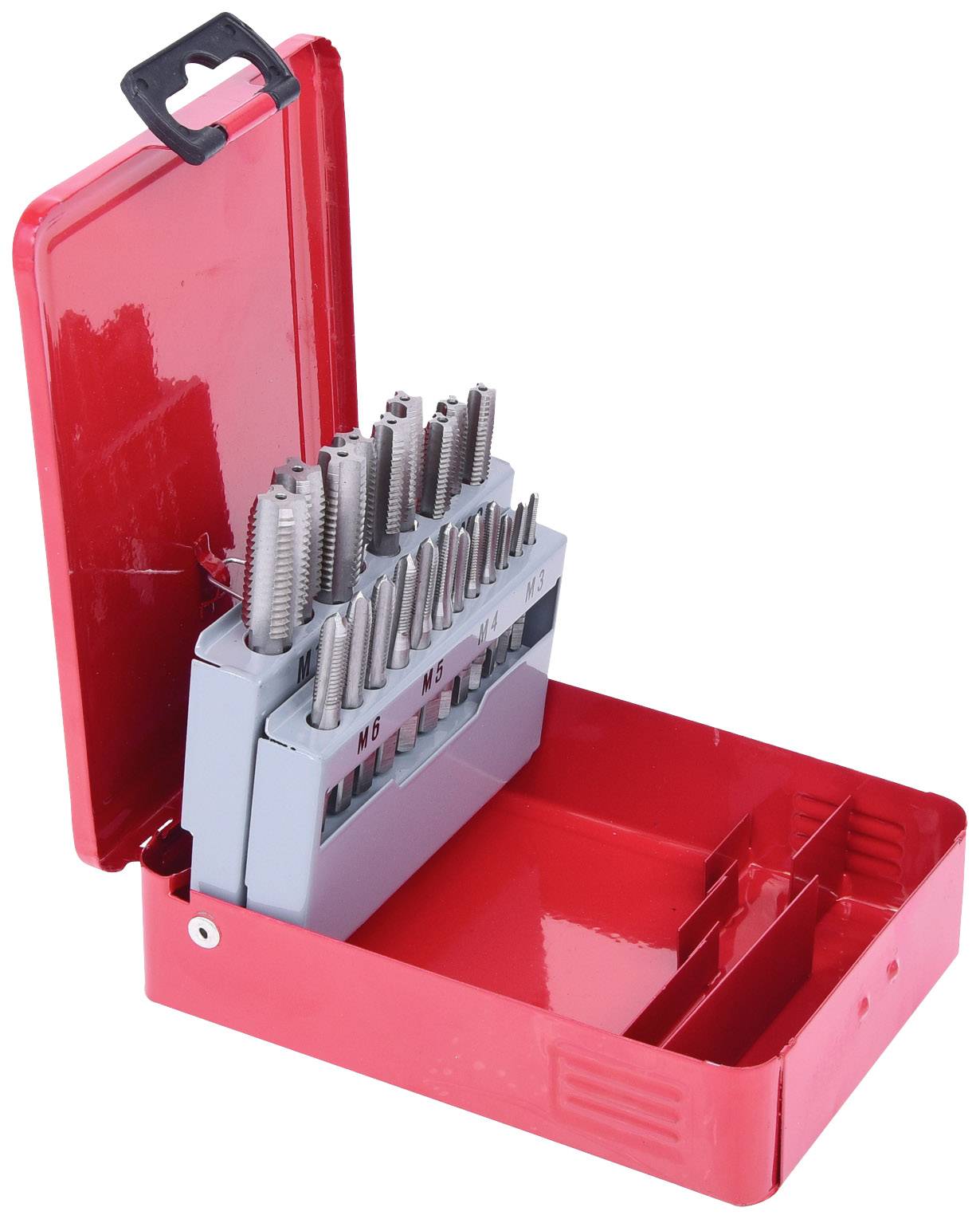 Rotes Etui mit offenem Deckel, das mehrere Metallbohrer in zwei Reihen zeigt, organisiert in einem grauen Halter.