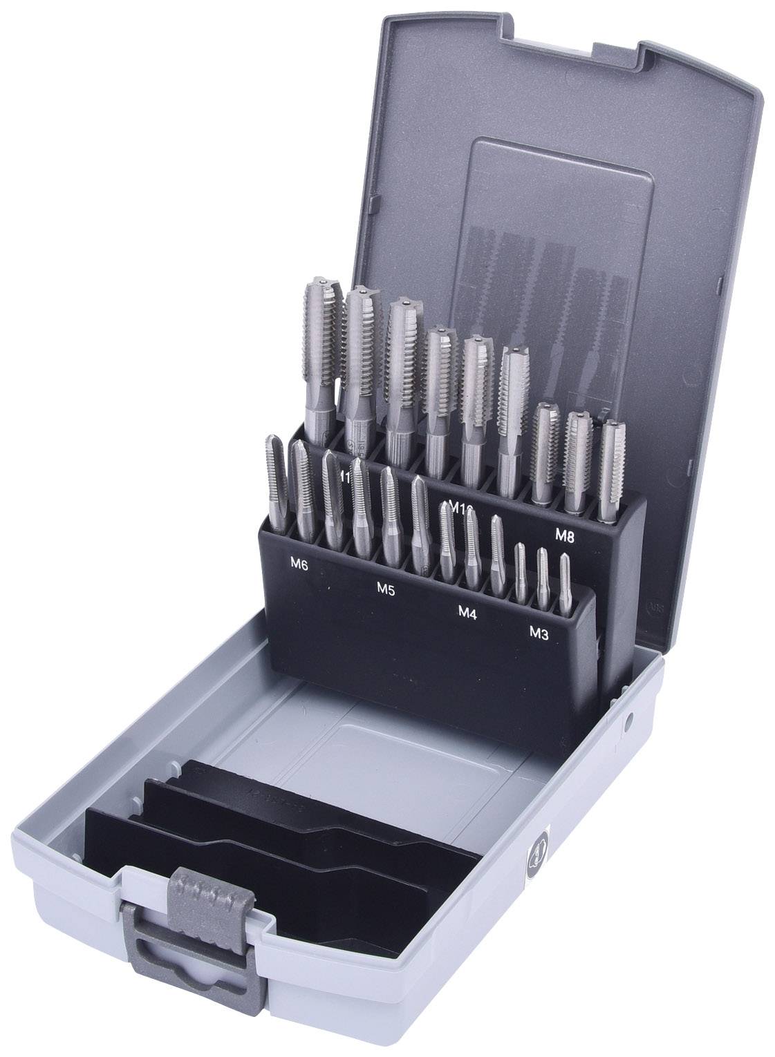 Metallgewindebohrer-Set in offenem Kunststoffgehäuse, verschiedene Größen (M3-M8) organisiert in Halterungen.