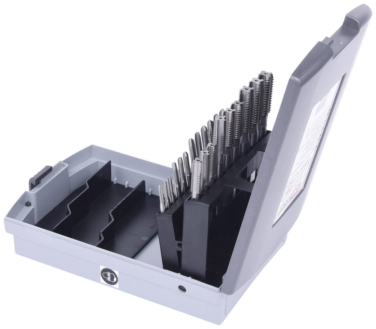 Ein Metallkoffer mit einem Satz von Gewindebohrern in verschiedenen Größen, ordentlich angeordnet in ihrem Fach.