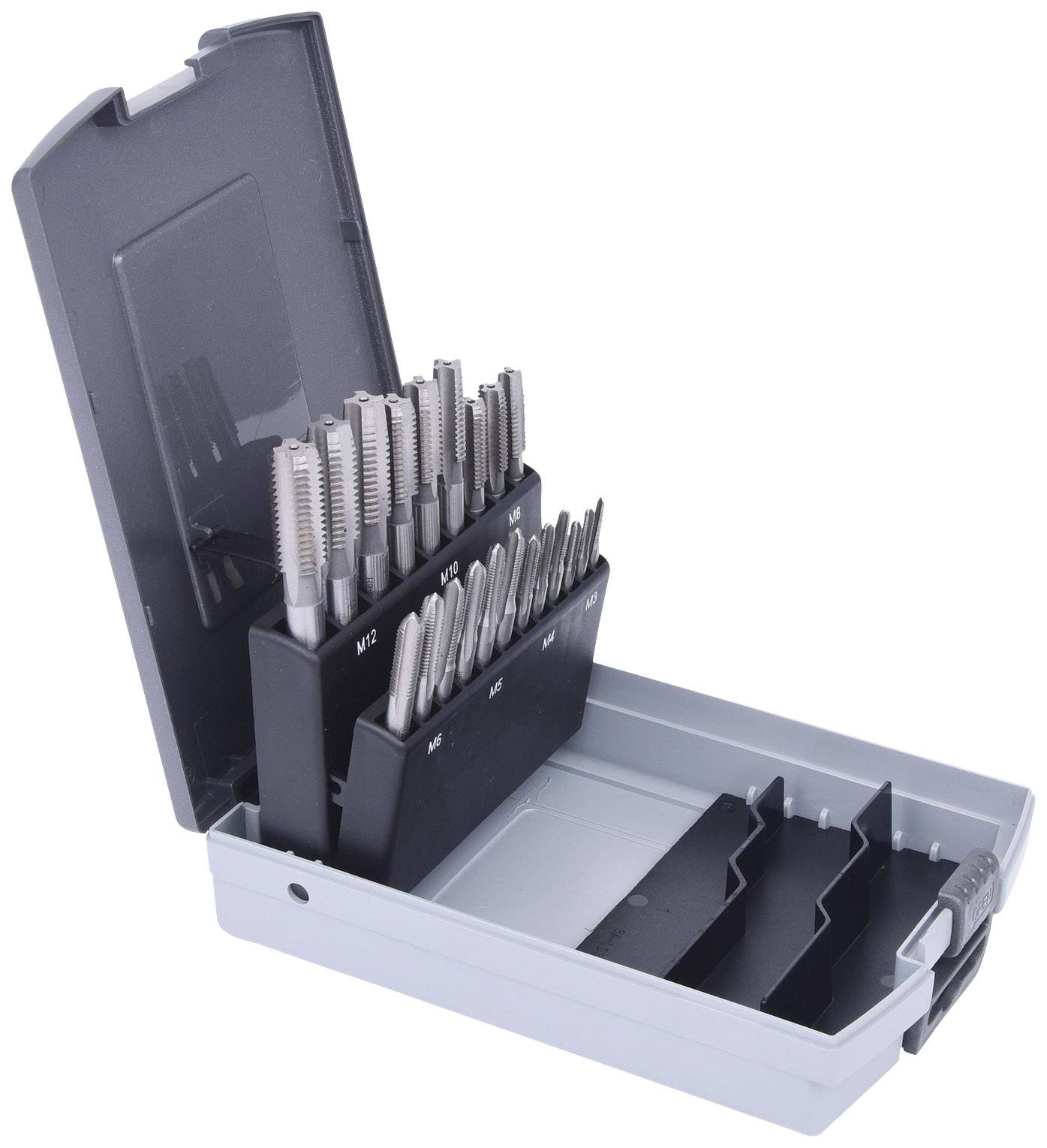 Ein offener Werkzeugkasten mit einem Satz Gewindebohrer verschiedener Größen, organisiert in zwei Reihen im Inneren der Box.