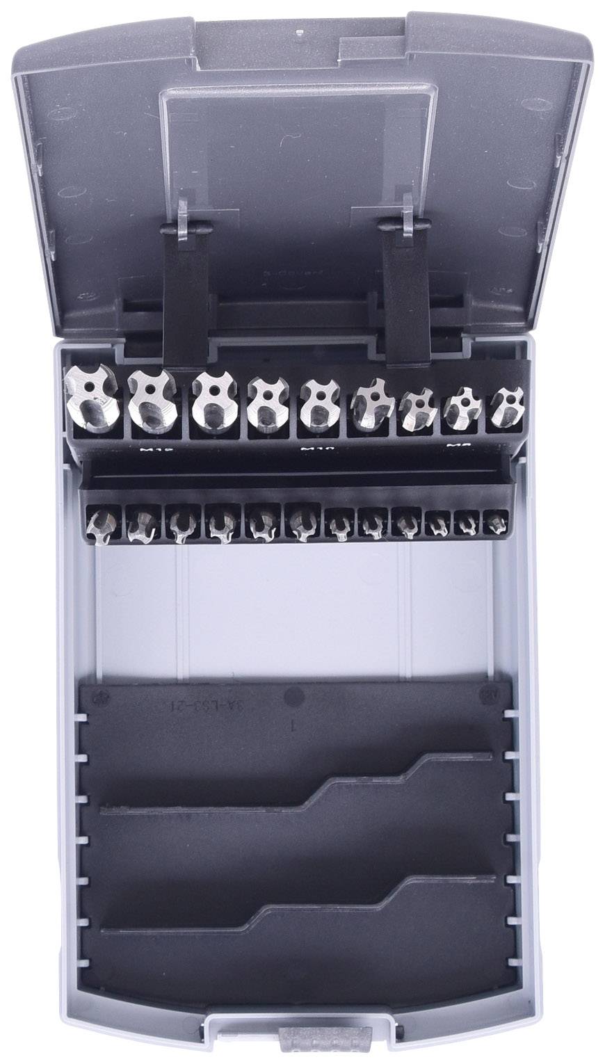 Graue Aufbewahrungsbox mit verschiedenen Inbusschlüsseln in einem geordneten Layout. Der Deckel ist geöffnet.