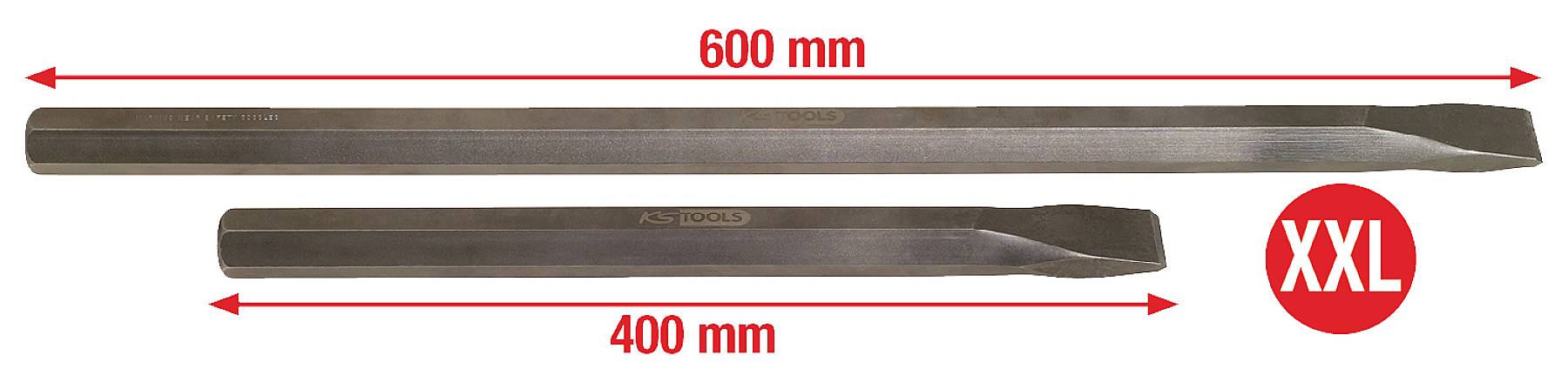 Zwei Meißel in unterschiedlichen Größen: der obere misst 600 mm, der untere 400 mm. Ein rotes 'XXL' betont die größere Größe.
