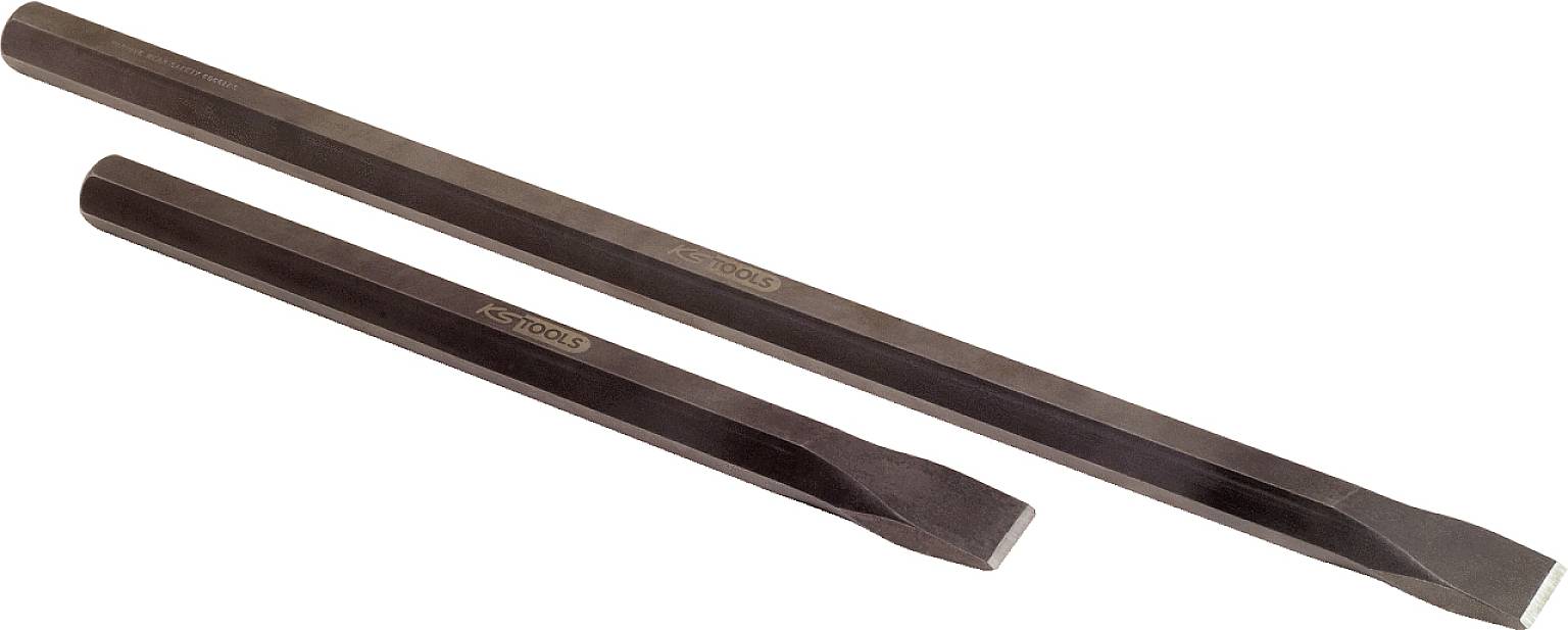 Zwei Flachmeißel, einer länger als der andere, liegen nebeneinander. Sie haben eine rechteckige Form und sind aus Metall gefertigt.