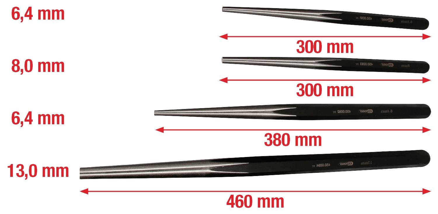 Vier konische Werkzeuge mit Durchmessern von 6,4 mm bis 13,0 mm und Längen von 300 mm bis 460 mm. Rote Pfeile zeigen Längen.
