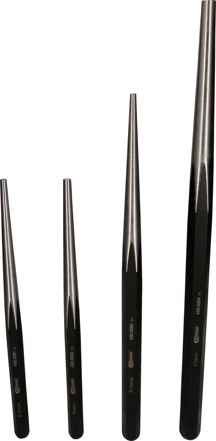 Vier unterschiedlich große kegelförmige Werkzeuge mit glatten, glänzenden Oberflächen stehen nebeneinander aufrecht.