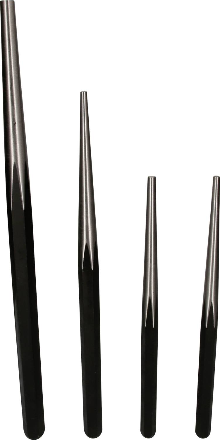 Vier unterschiedlich große, konische Metallstäbe in aufsteigender Höhe von links nach rechts.