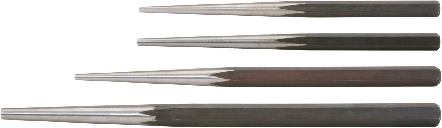 Vier unterschiedlich große konische Werkzeuge mit glattem Stahlkörper liegen horizontal nebeneinander; verwendet für präzise Anwendungen.