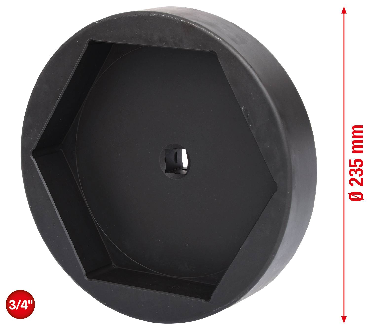 Schwarze, sechseckige Abdeckung mit zentralem Loch, Durchmesser: 235 mm, Größe: 3/4 Zoll.