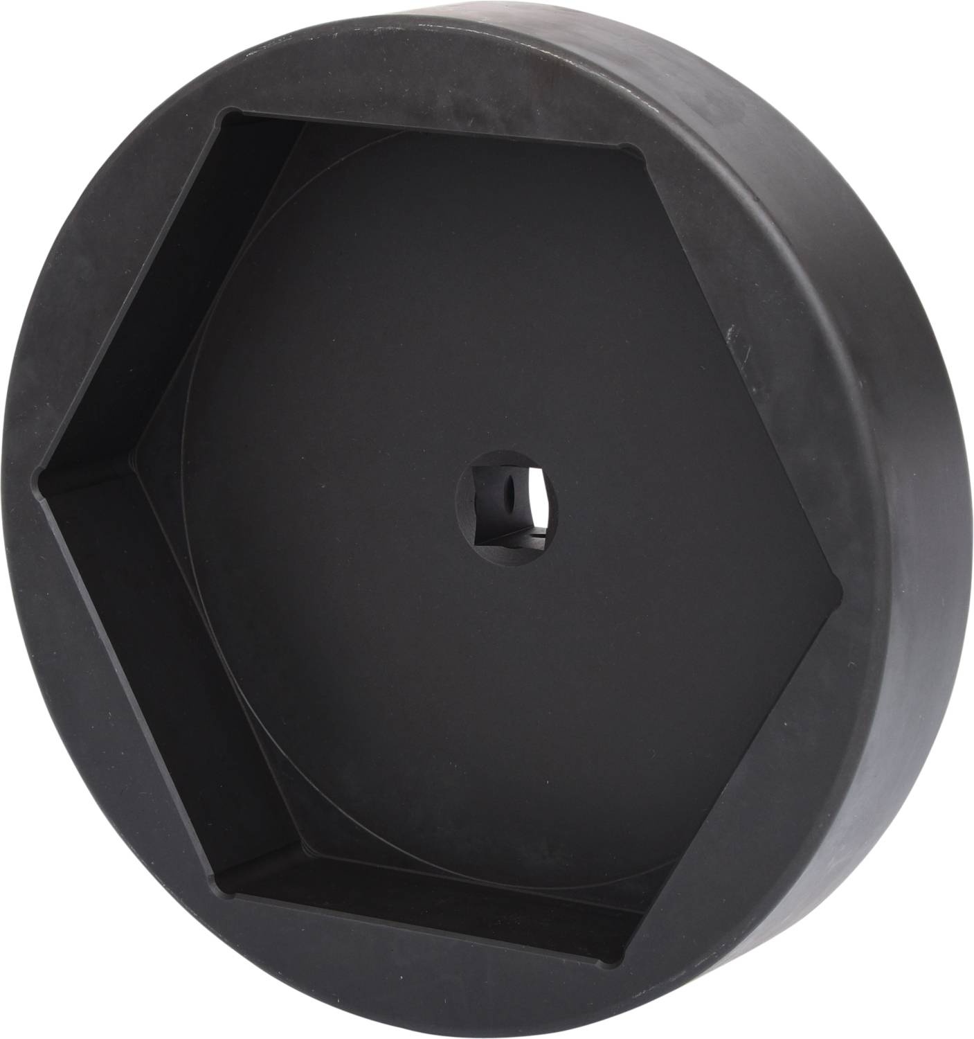Ein schwarzes, sechseckiges Kunststoffrad mit zentraler Öffnung und glatter Oberfläche.