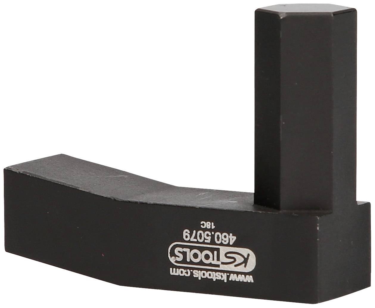 Ein schwarzes Metallwerkzeug mit einem abgewinkelten Design und der Aufschrift 'KS Tools', verwendet für präzise Mess- oder Montagezwecke.