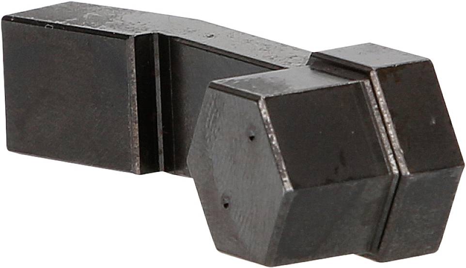 Ein metallisches Bauteil mit einer sechseckigen und einer rechteckigen Form, vermutlich Teil eines Maschinen- oder Werkzeugteils.