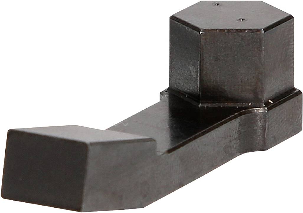 Ein schwarzes, L-förmiges Metallteil mit zwei hexagonalen Endstücken. Es scheint ein mechanisches oder industrielles Bauteil zu sein.