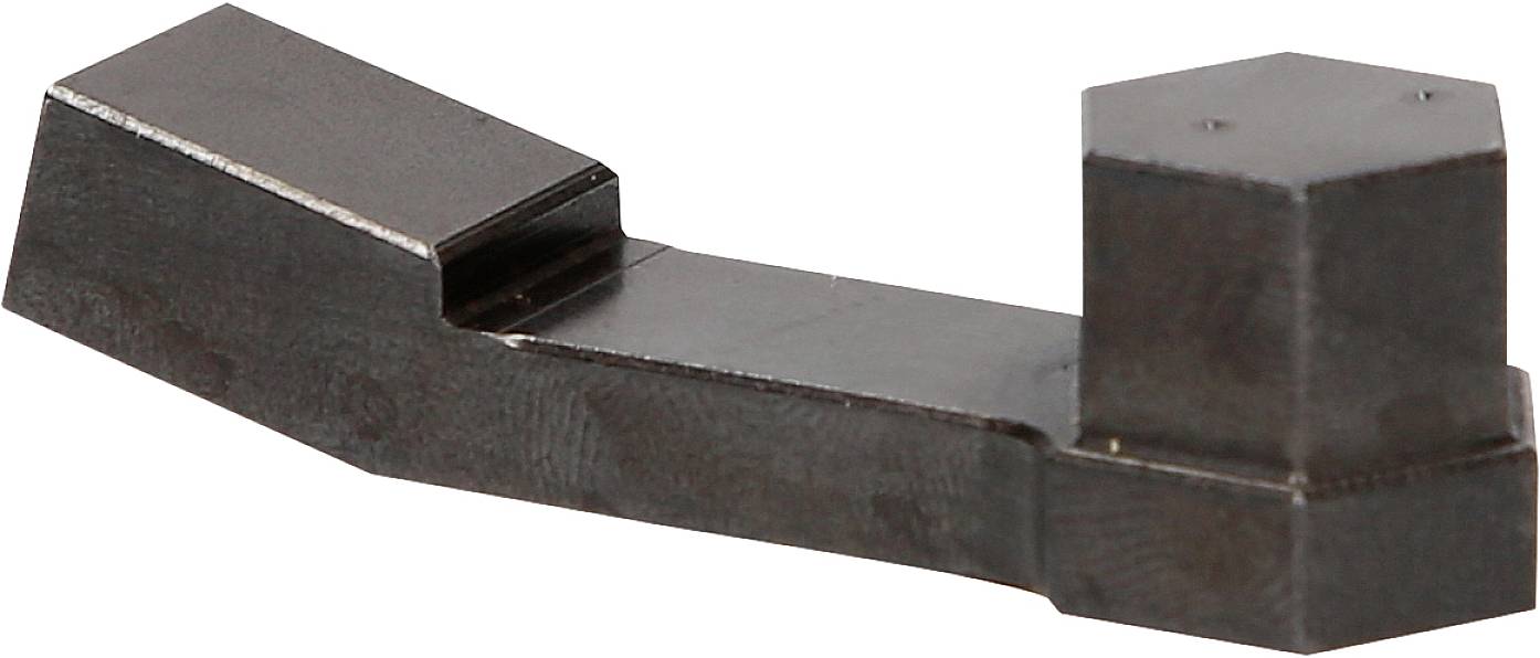Ein metallischer, dunkelbrauner Bauteiladapter mit einem rechteckigen und einem sechseckigen Ende, vermutlich zur Verbindung oder Montage.