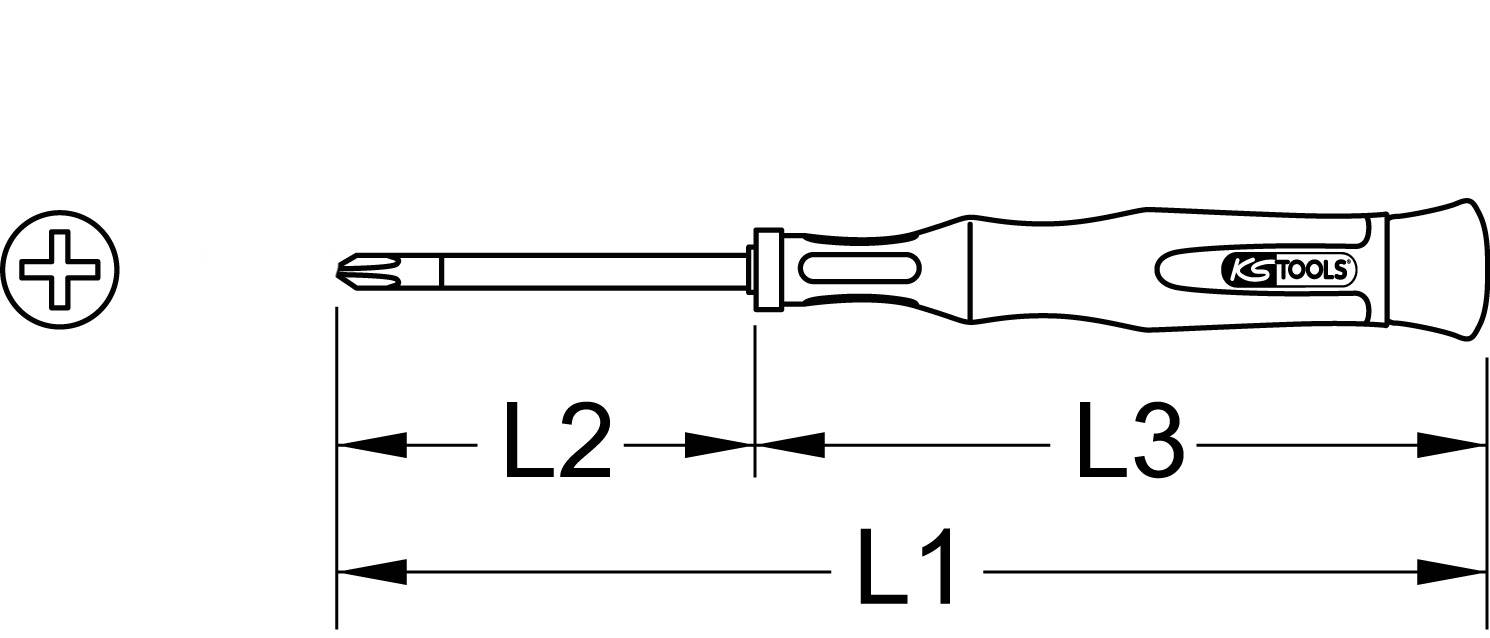 Schema eines Schraubendrehers mit Kreuzschlitzspitze. L1, L2 und L3 zeigen die Abmessungen des Werkzeugs an.