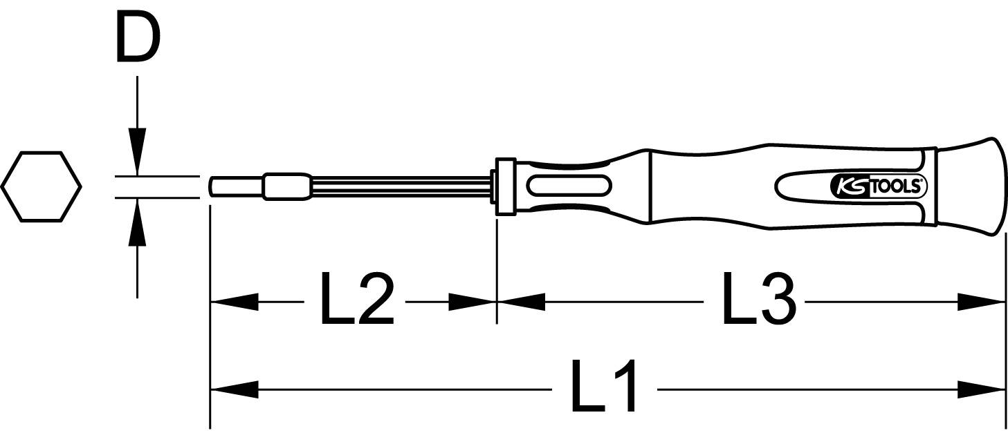 Schraubendreher-Diagramm mit markierten Abschnitten L1, L2, und L3 sowie D für Durchmesser; zeigt Maße der Werkzeugteile.